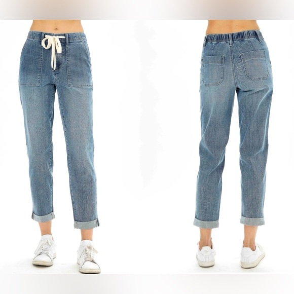 Judy Blue High Rise Boyfriend Jogger Jeans Size 0/24 Blue Drawstring Waist - Picture 1 of 16